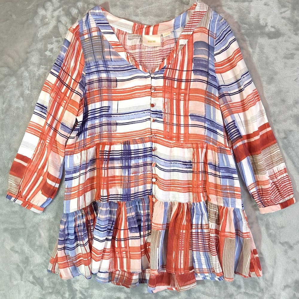 Anthropologie Lila Tiered Tunic by Maeve size Medium Red Blue Patchwork Bohemian